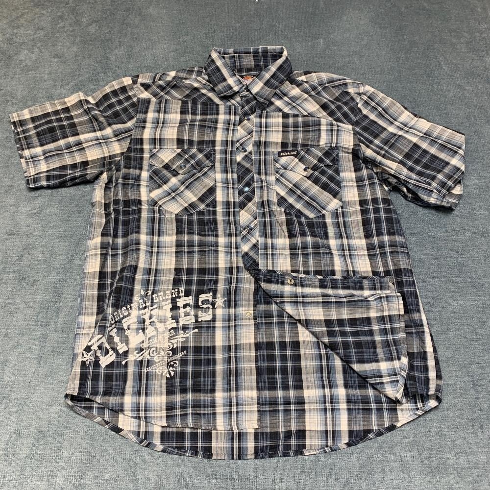 Dickies Western Shirt Mens Large Blue Gray Plaid Cotton Work Wear Pearl Snap